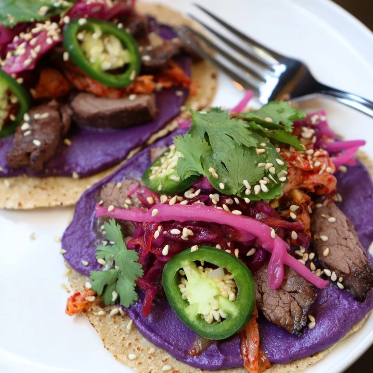 Delicious Global Street-Food Fusion Bowls topped with ube crema and fresh cilantro.