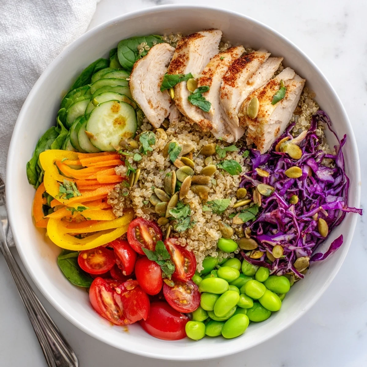 Colorful Healthy Meal-Prep Bowls topped with pumpkin seeds and a tangy lemon dressing.