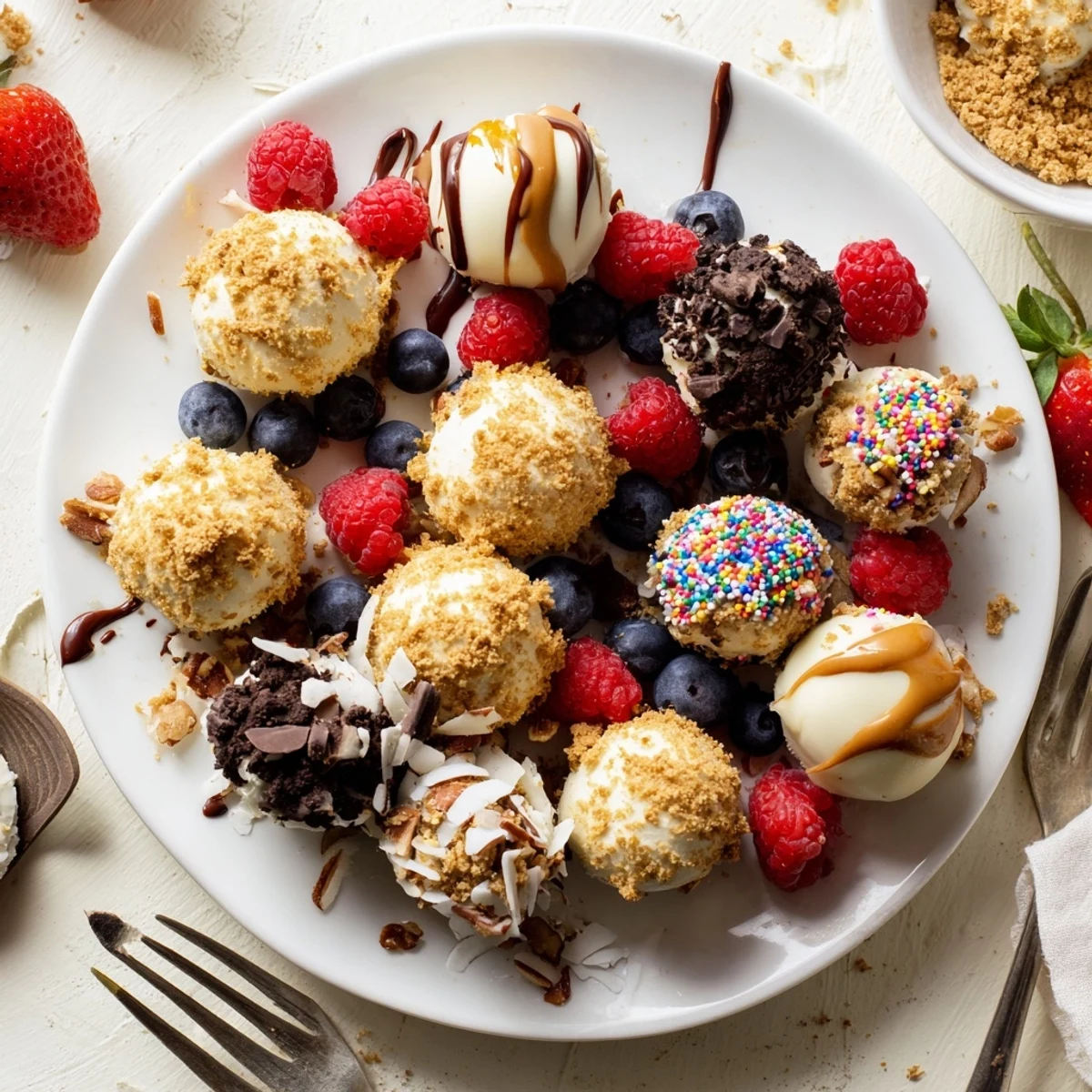 Deconstructed dessert board showcasing creamy cheesecake bites with vibrant, fresh toppings.  
