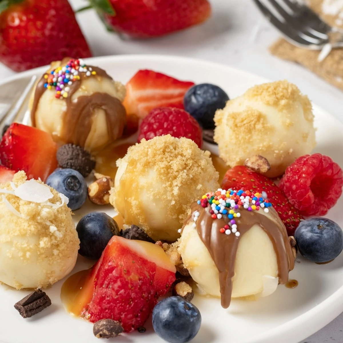 A colorful platter of deconstructed dessert board featuring luscious cheesecake bites and toppings.  