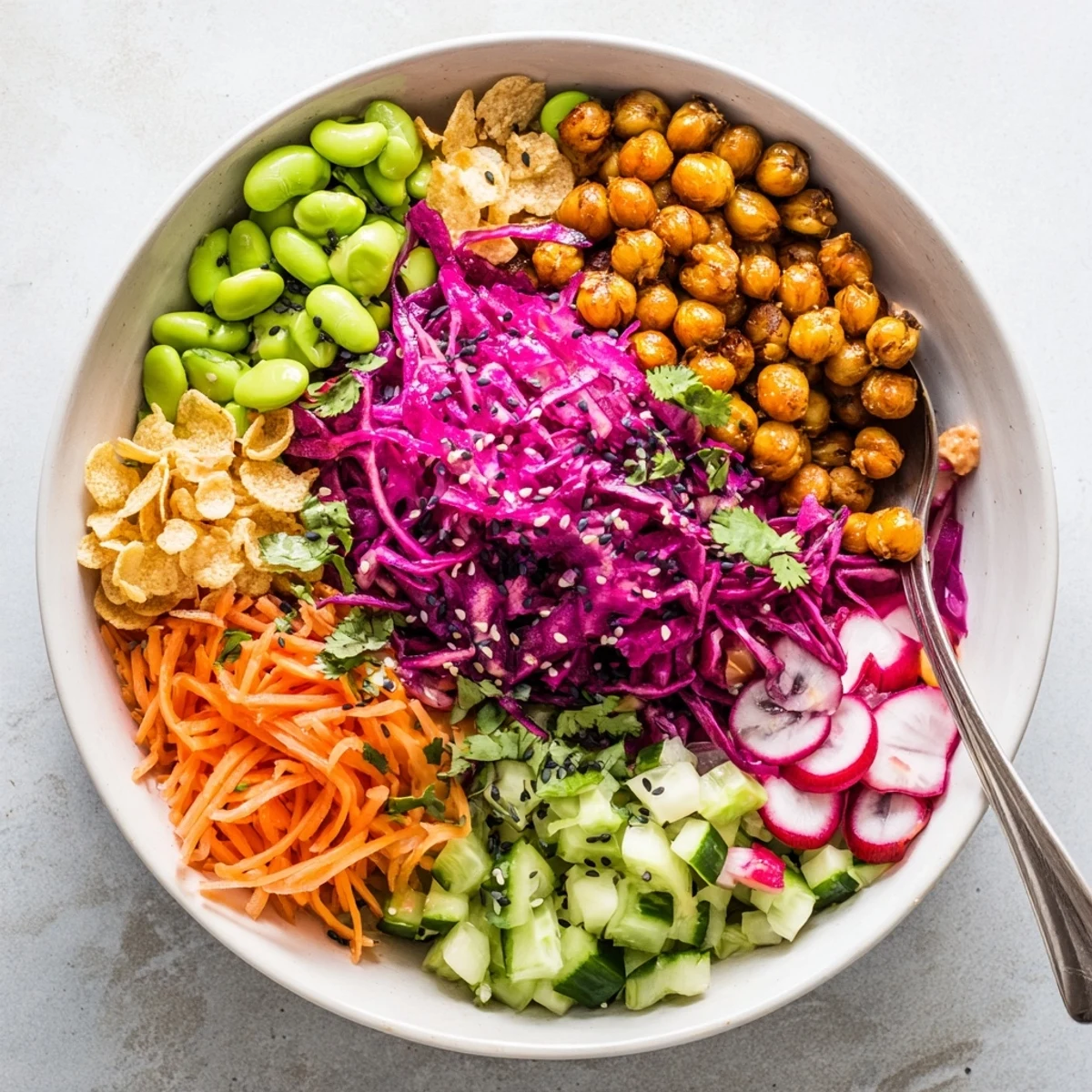 Vibrant ASMR Crunch Snack Bowls filled with colorful vegetables and crunchy toppings.  