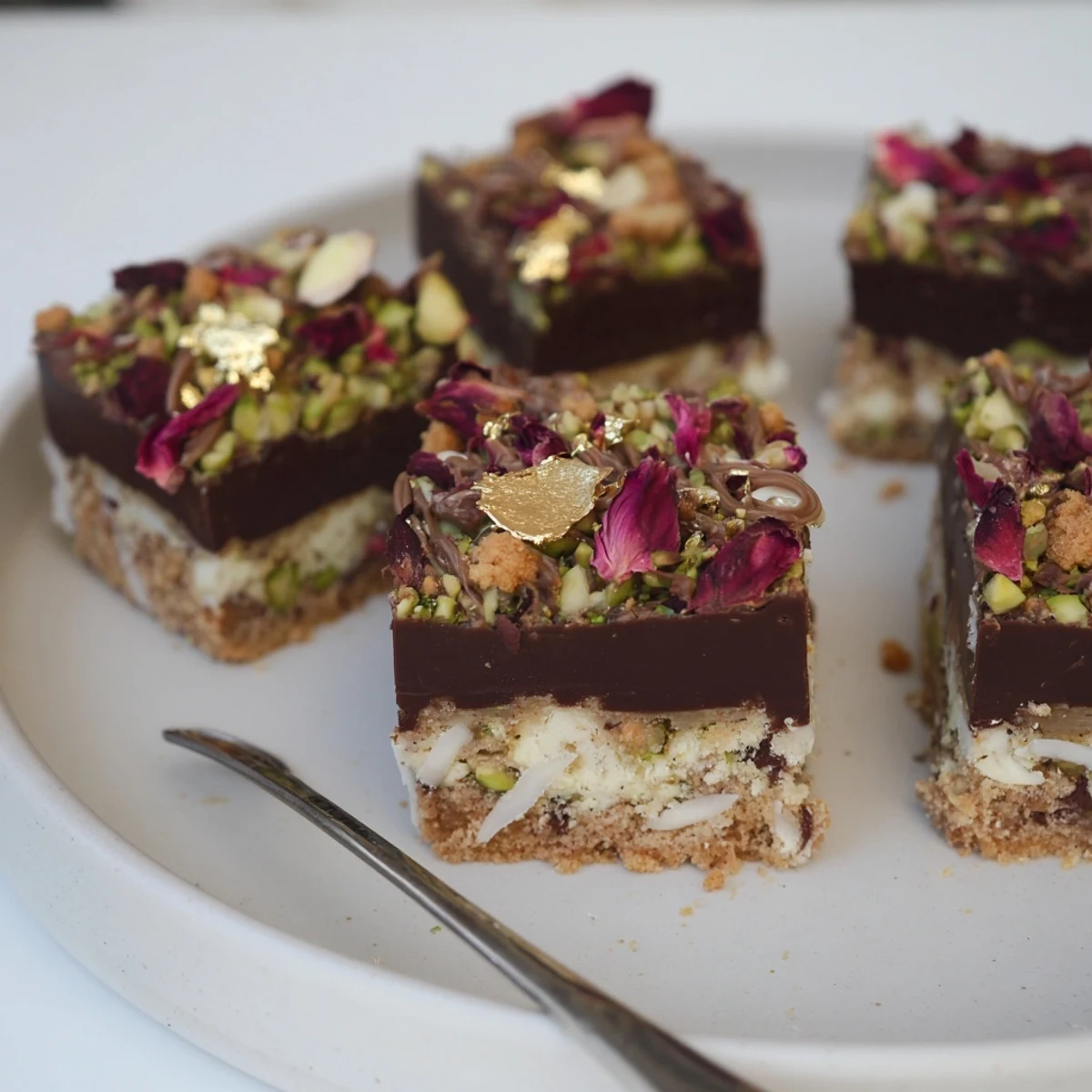 Decadent chocolate bar inspired creations topped with spiced date caramel and pistachios.  