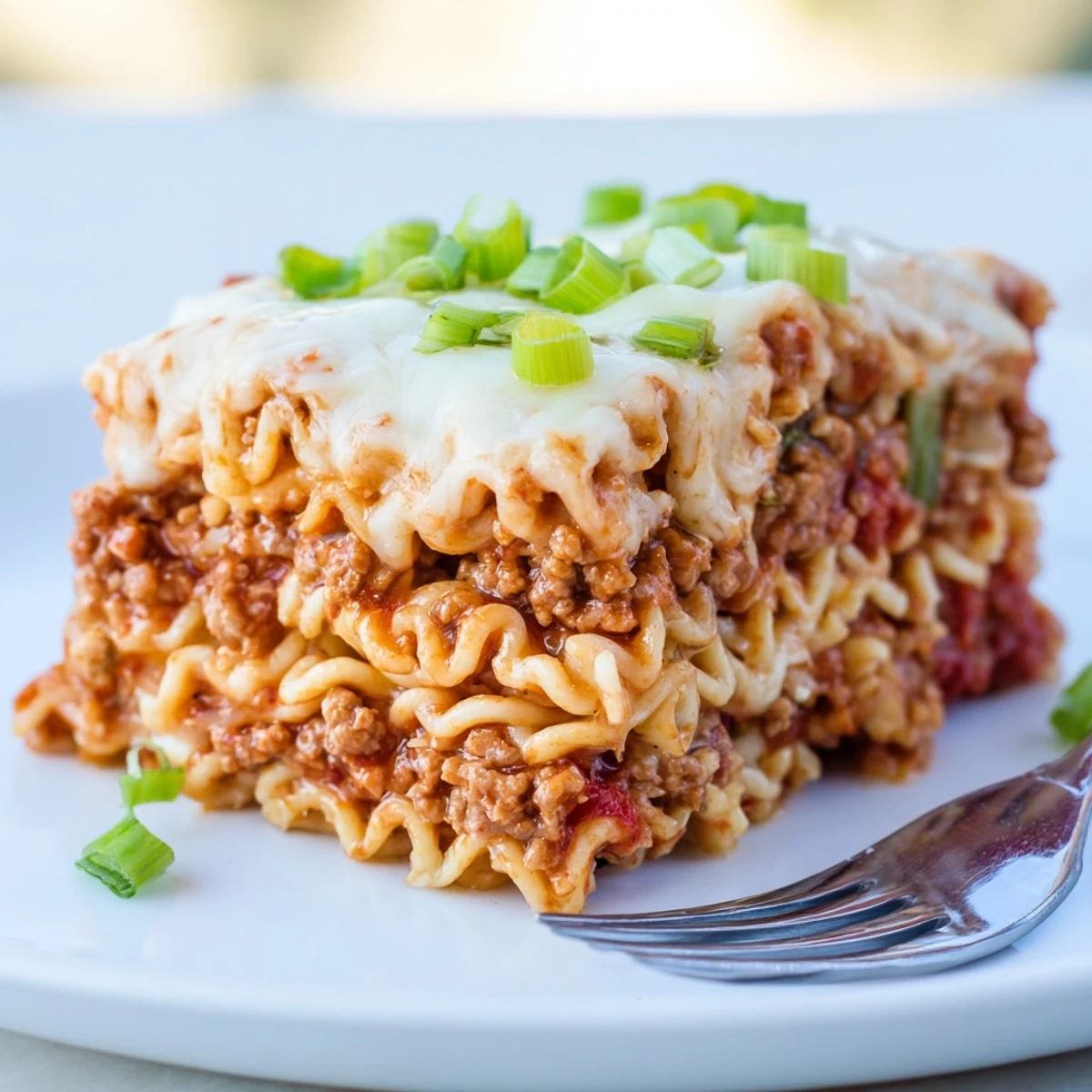 Delicious Spicy Ramen Lasagna served hot, featuring gooey melted cheese and spicy meat.  