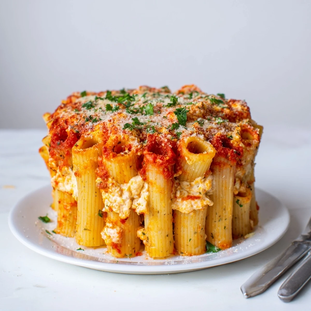 Stunning honeycomb pasta cake filled with cheesy goodness and rich tomato sauce.  