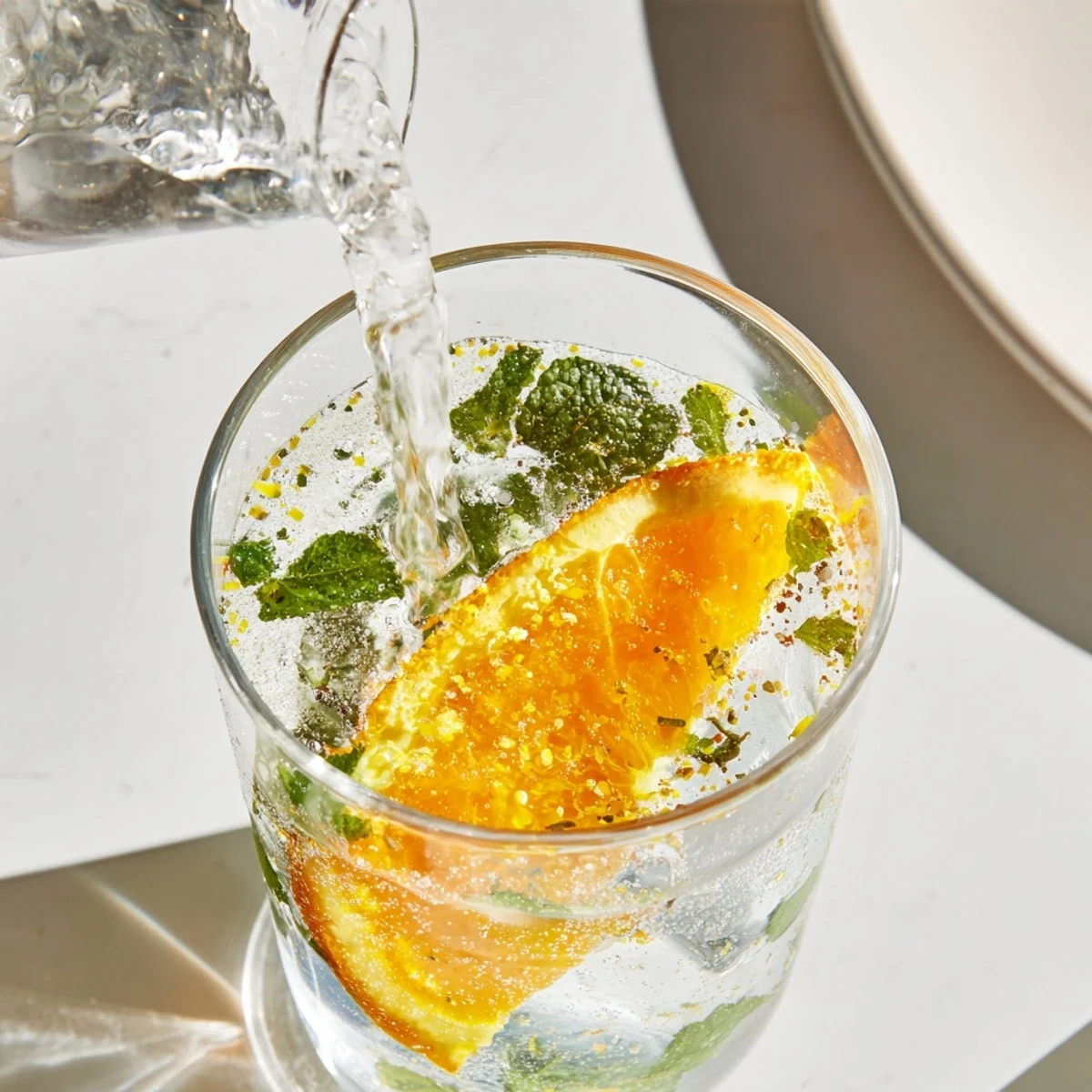 Vibrant probiotic soda mocktail garnished with orange slices and fresh herbs.  