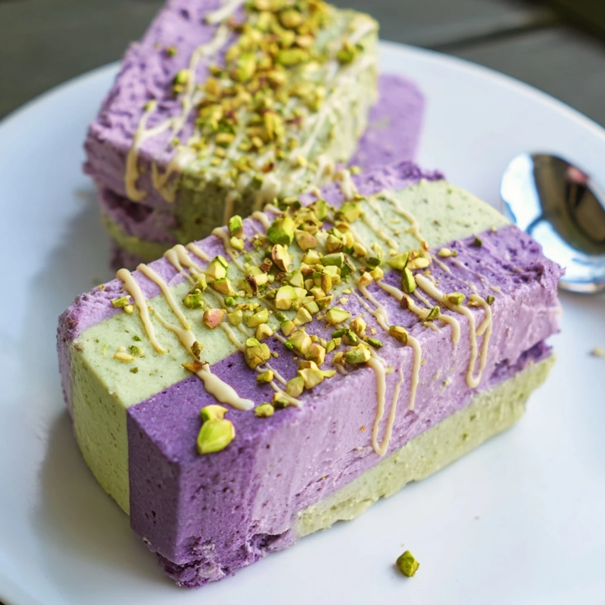 Creamy ube & pistachio ice cream bars with vibrant colors, perfect for summer.  
