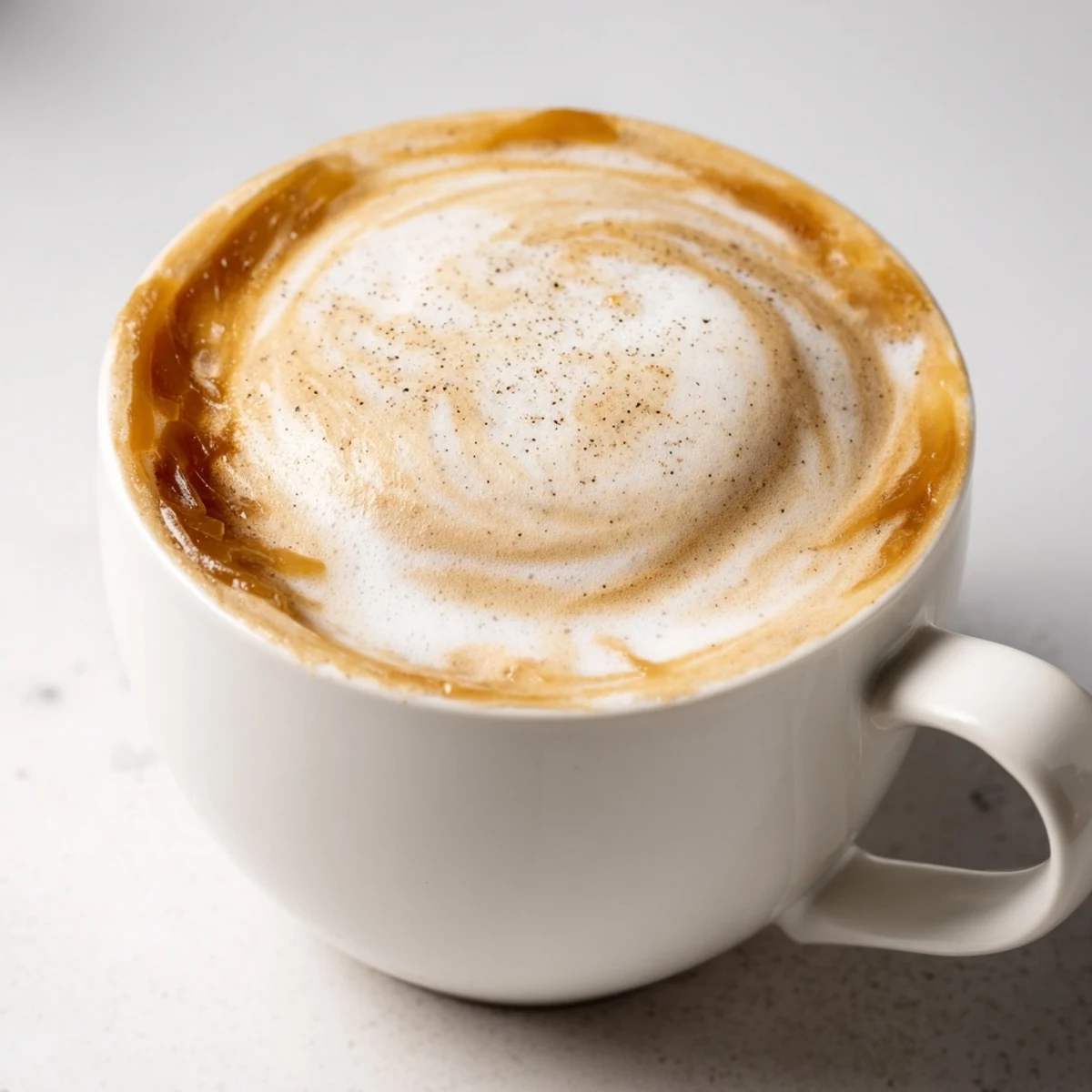 Indulge in this smooth Onion Latte, garnished with pepper for an extra kick.
