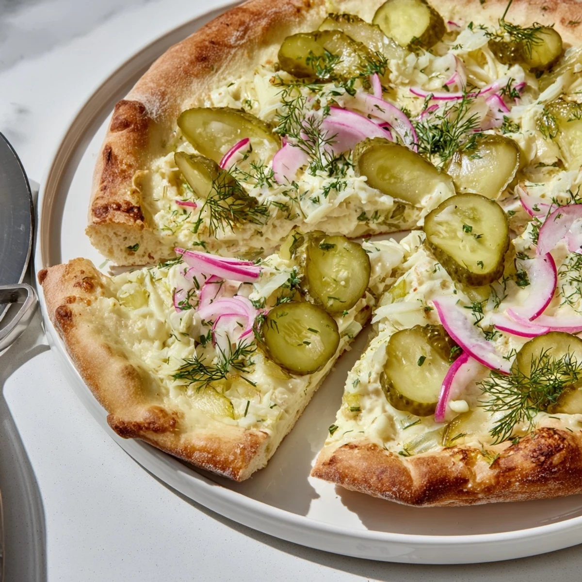 Tangy Pickle Pizza topped with creamy sauce and crunchy dill pickles.  