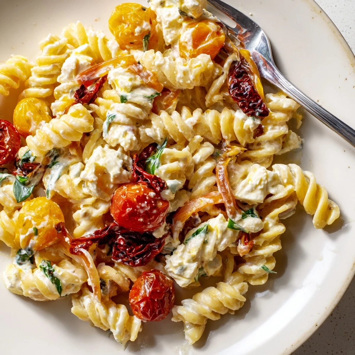 Baked Feta Pasta 2.0 served warm with cherry tomatoes and drizzled olive oil.  