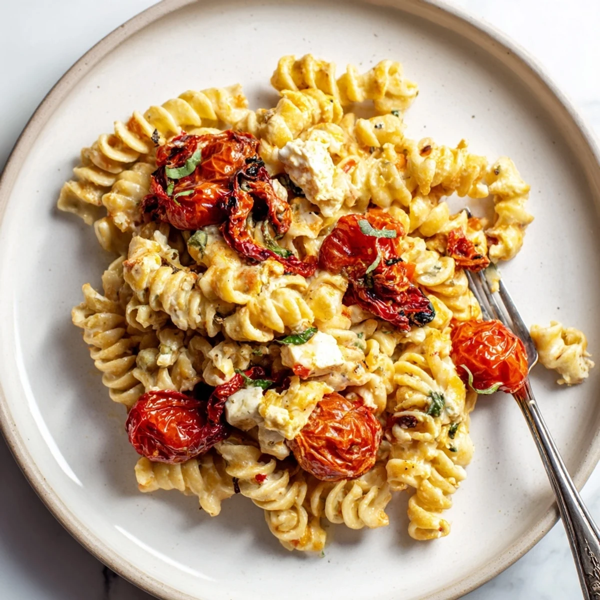 Delicious Baked Feta Pasta 2.0 with rich sun-dried tomatoes and golden feta cheese.