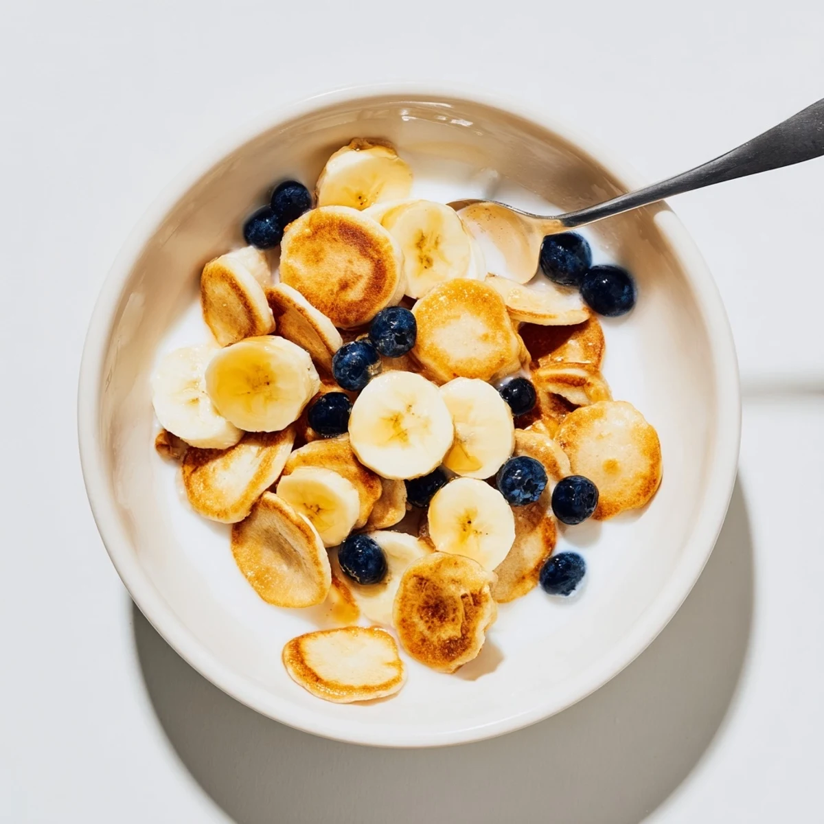 Warm mini pancake cereal in a bowl, perfect with milk and fresh fruit toppings.