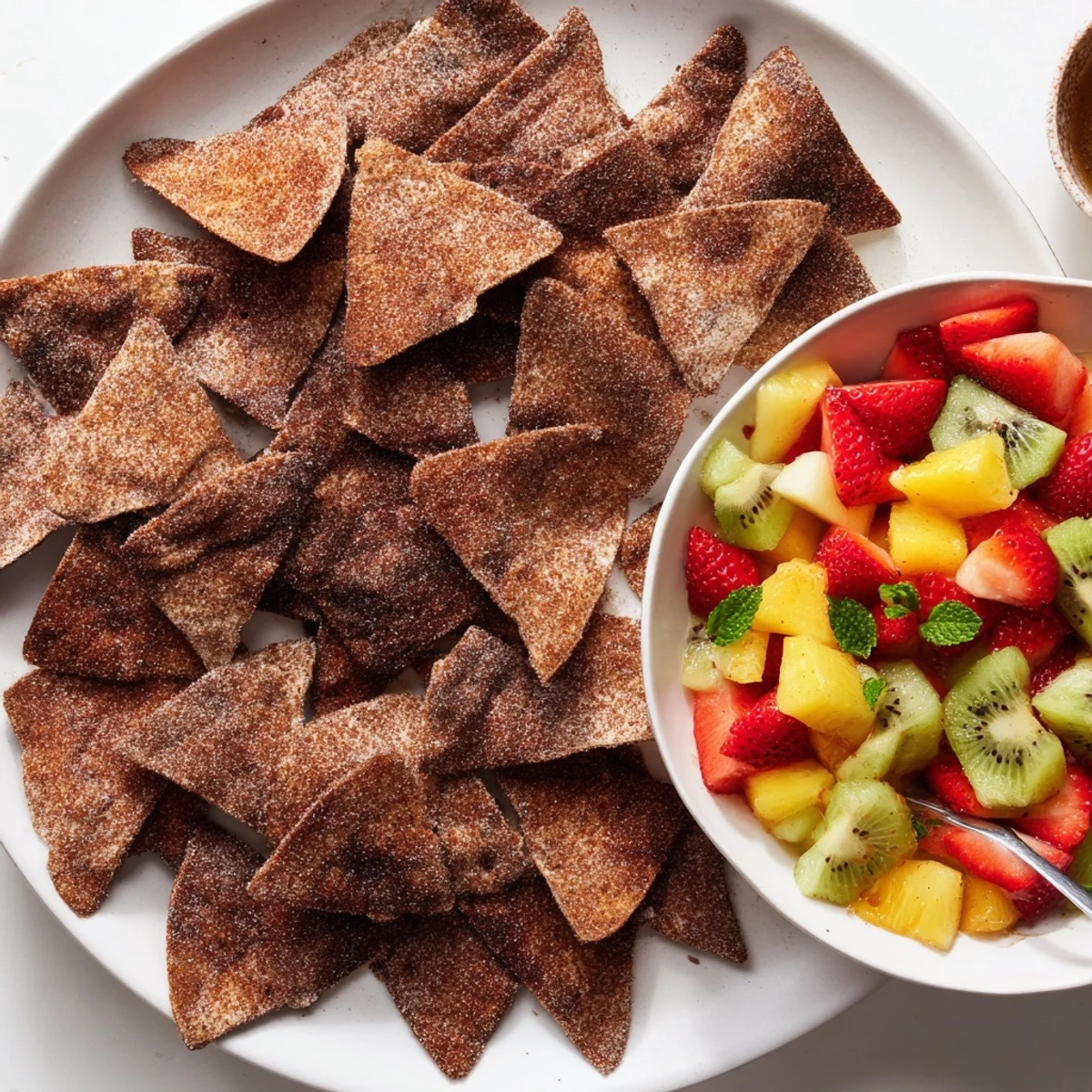 Crispy dessert chips & salsa with fresh fruit for a refreshing summer treat.