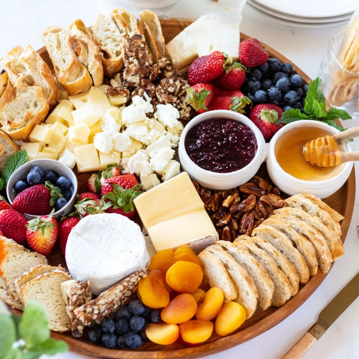 A colorful jam-infused brunch board with fresh fruits and artisan cheeses.  
