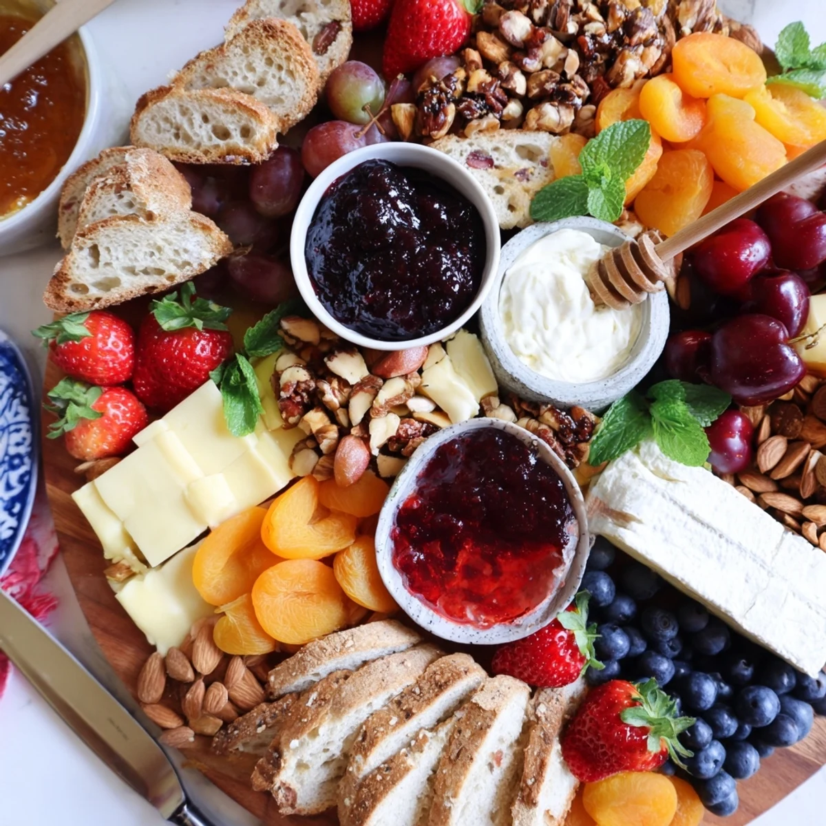 Vibrant jam-infused brunch board showcases sweet and savory treats for entertaining guests.