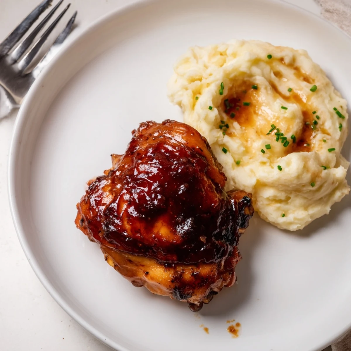 Delicious honey BBQ chicken thighs side by side with fluffy garlic mashed potatoes.