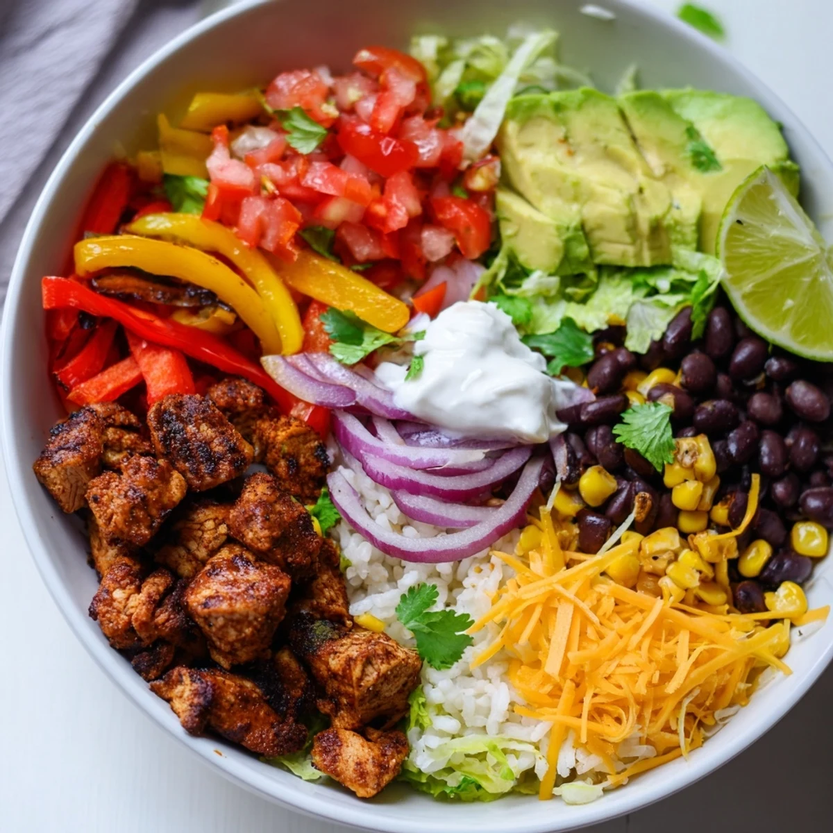 Juicy sheet pan chicken burrito bowls piled high with roasted veggies and toppings.