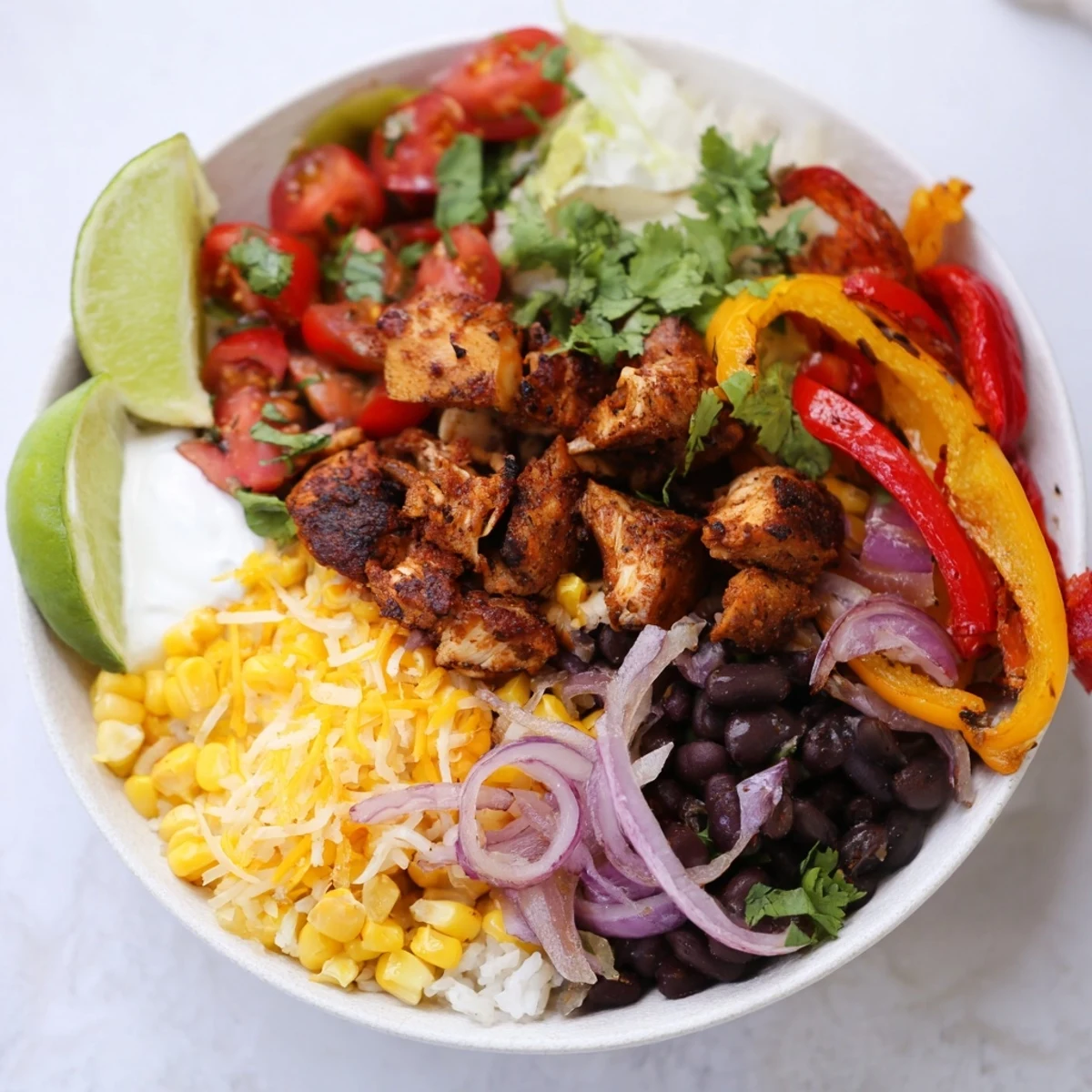 Vibrant sheet pan chicken burrito bowls featuring seasoned chicken and fresh ingredients.