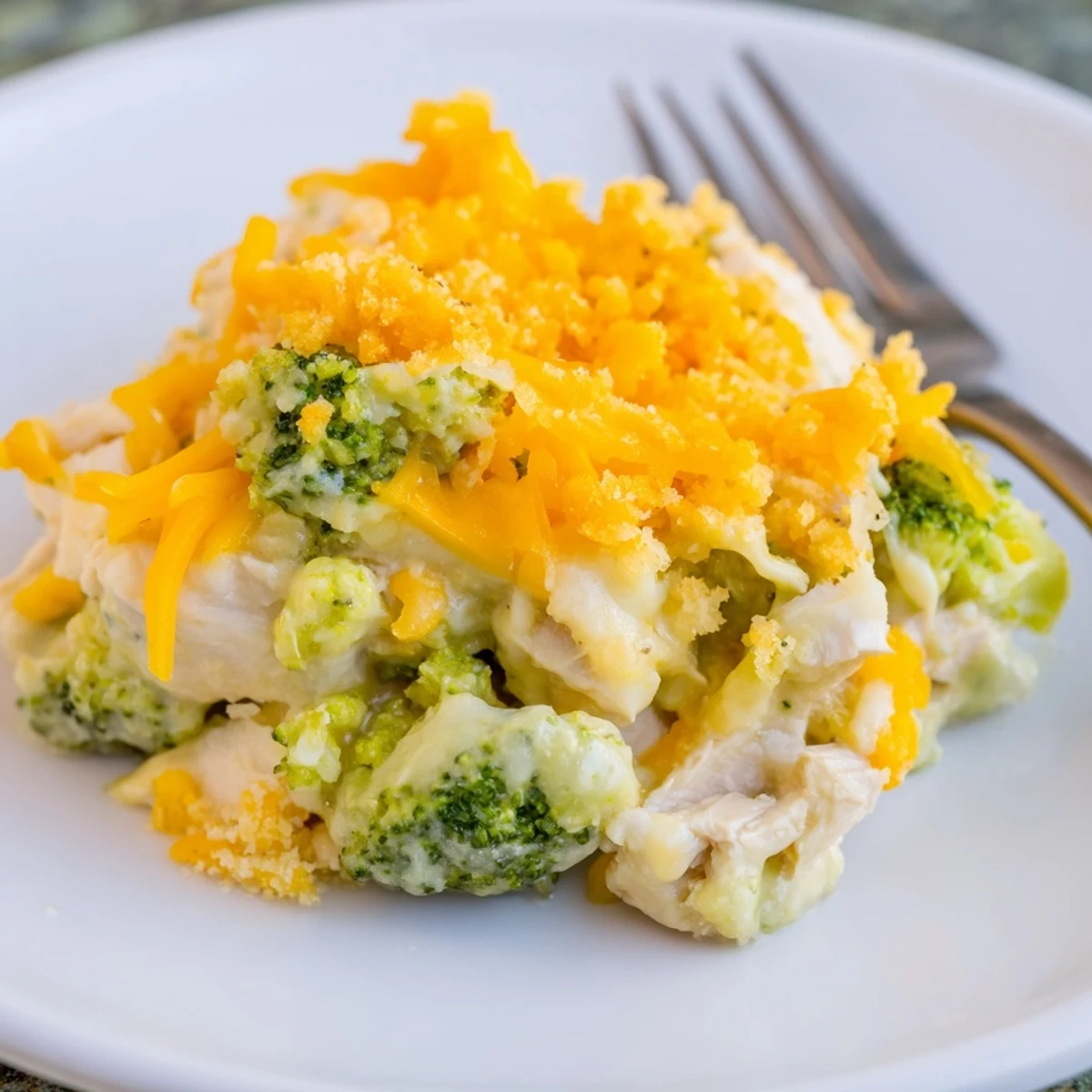 Creamy Chicken & Broccoli Cheddar Bake topped with golden, crispy breadcrumbs and melted cheese.  
