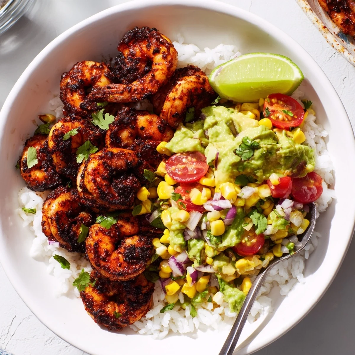 Savory Blackened Shrimp Bowl bursting with flavor, served with lime wedges and cilantro.