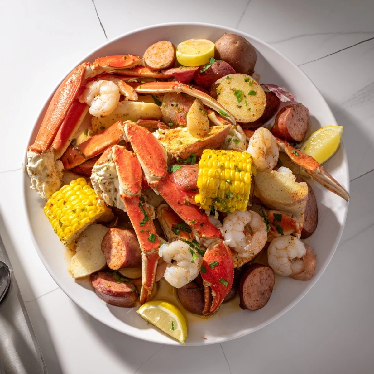 Savory seafood boil loaded with juicy shrimp, crab, and smoky sausage, garnished beautifully.