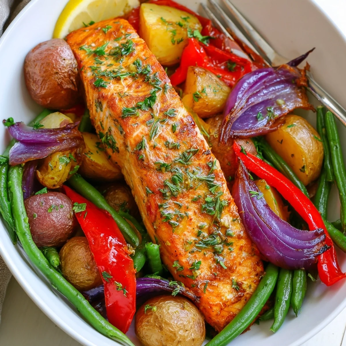Delicious Lemon Herb Salmon & Potato Sheet Pan garnished with lemon wedges and herbs.