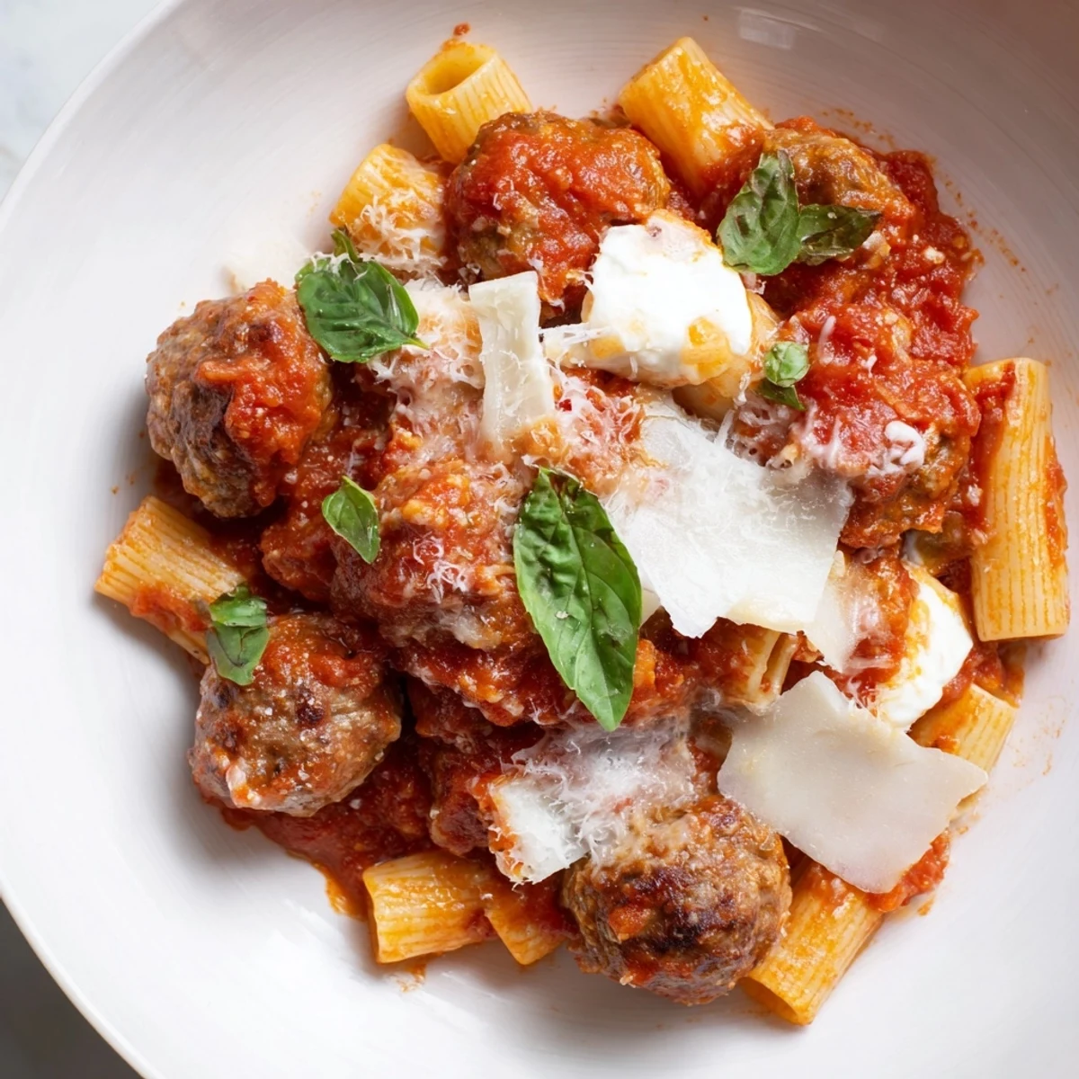 Hearty Italian Meatball Pasta Skillet topped with melted cheese and fresh basil.  