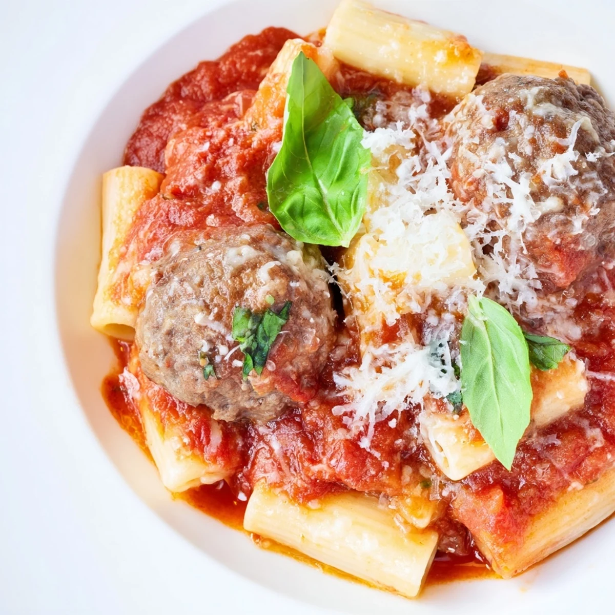 A delicious Italian Meatball Pasta Skillet simmered in rich tomato sauce awaits you.  