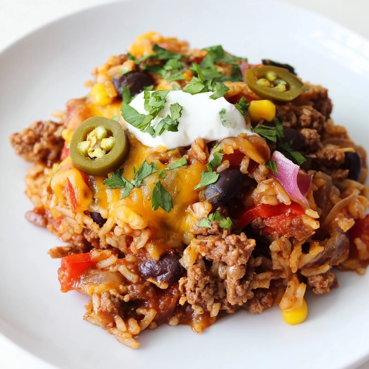 Warm and comforting Tex-Mex Beef & Rice Casserole, ideal for family dinners.  