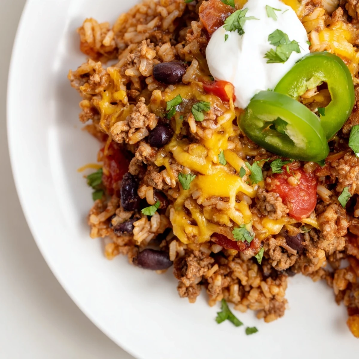 A vibrant dish of Tex-Mex Beef & Rice Casserole, garnished with jalapeños.