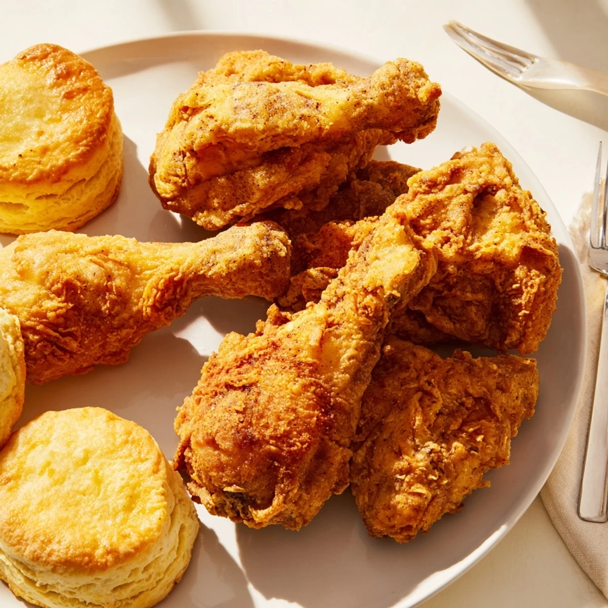 Golden brown fried chicken nestled beside buttery buttermilk biscuits, ideal for family feasts.  