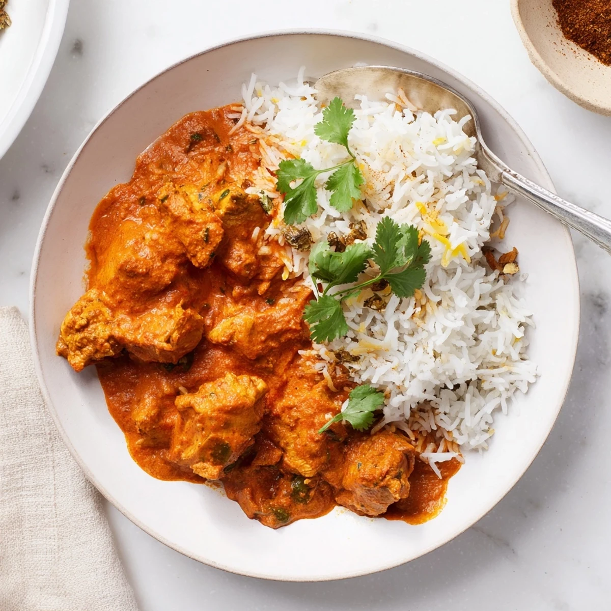 Creamy butter chicken garnished with herbs, accompanied by aromatic rice pilaf for dinner.