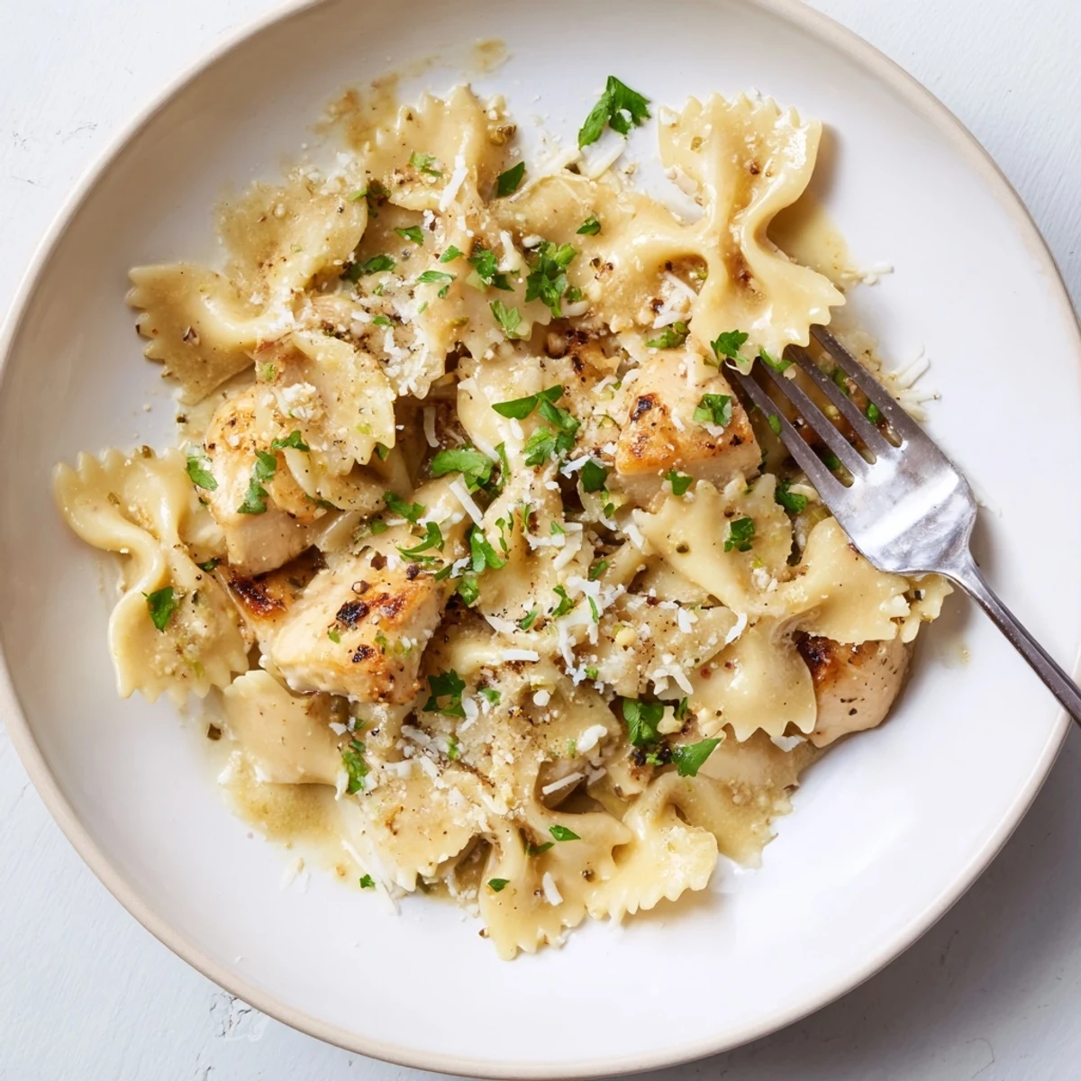 Savory Mozzarella Garlic Butter Chicken Bowties bask in a creamy sauce, garnished with parsley.  