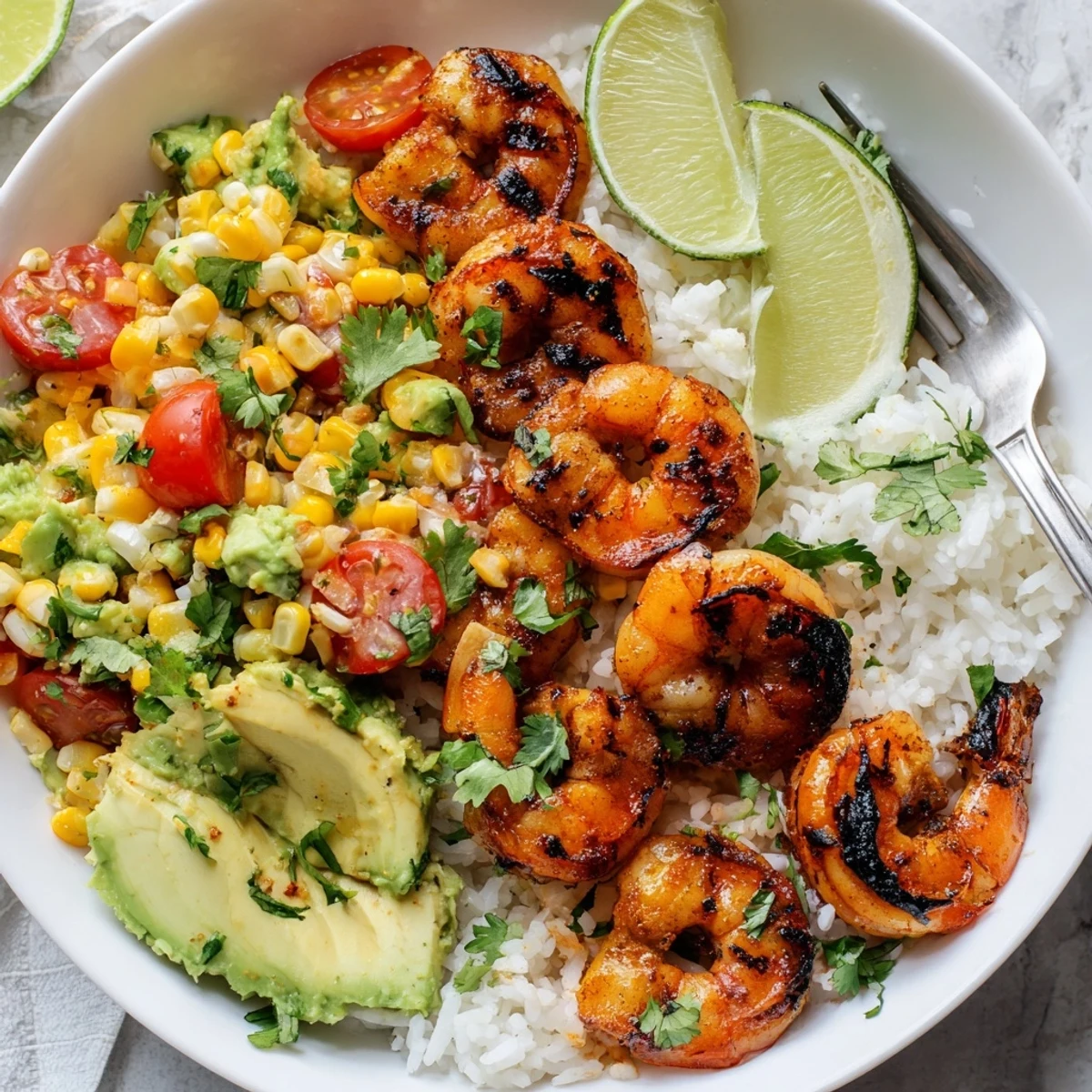 Juicy Easy Grilled Shrimp Bowl topped with vibrant avocado corn salsa and lime.  