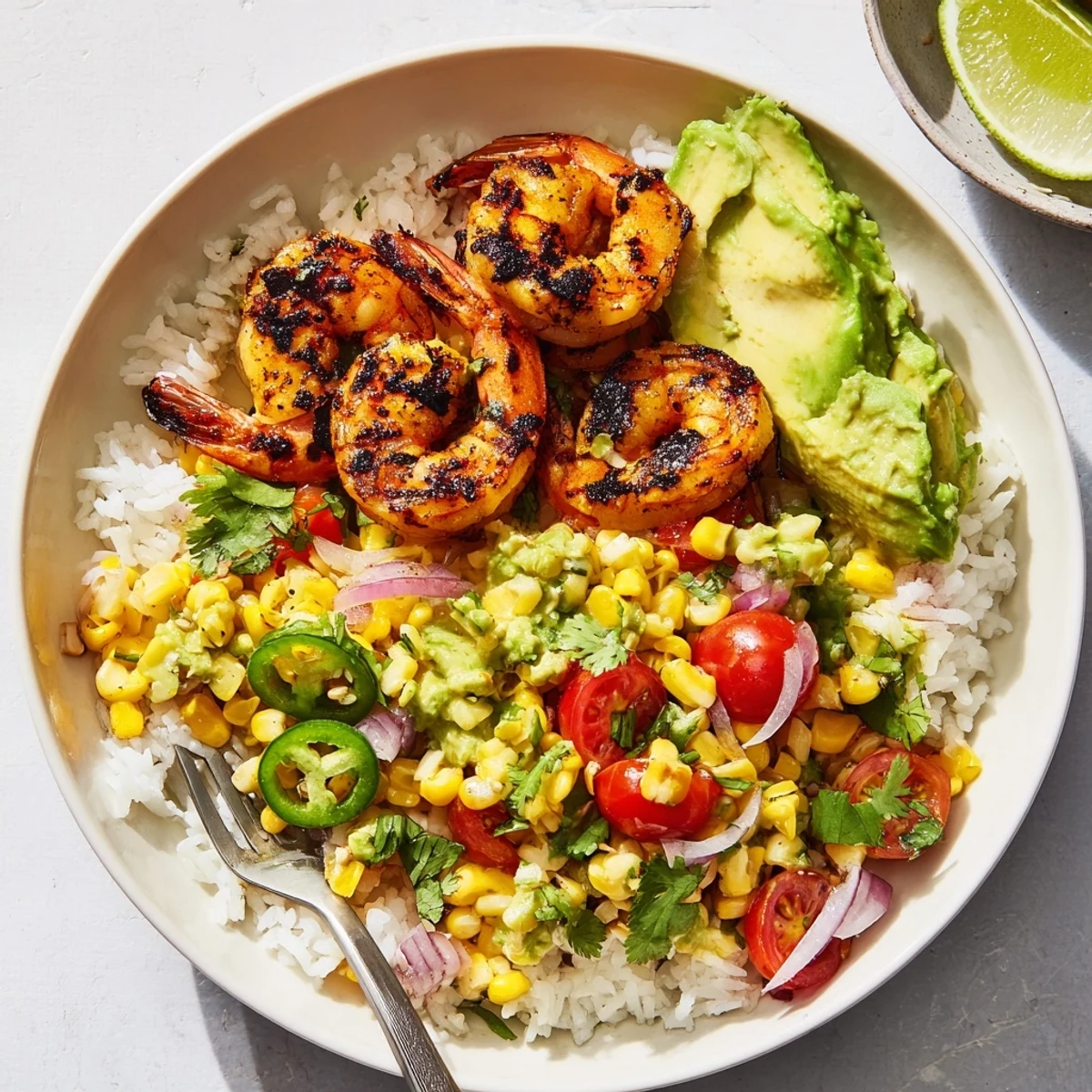 Satisfying Easy Grilled Shrimp Bowl featuring crisp corn, creamy avocado, and lime wedges.
