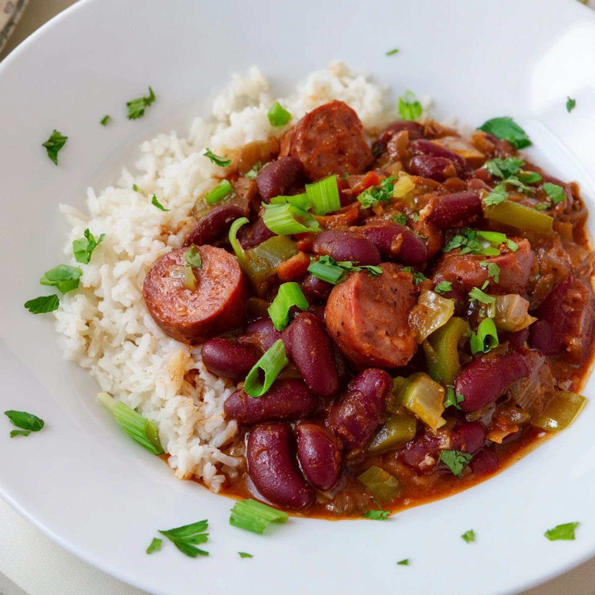 A close-up of a flavorful Red Beans & Rice dish, garnished with green onions and parsley.