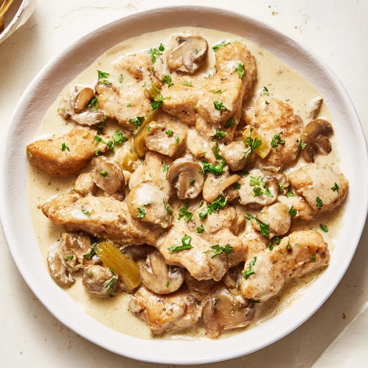 Tender Creamy Chicken Stroganoff, served hot, with a creamy sauce and fresh parsley garnish.