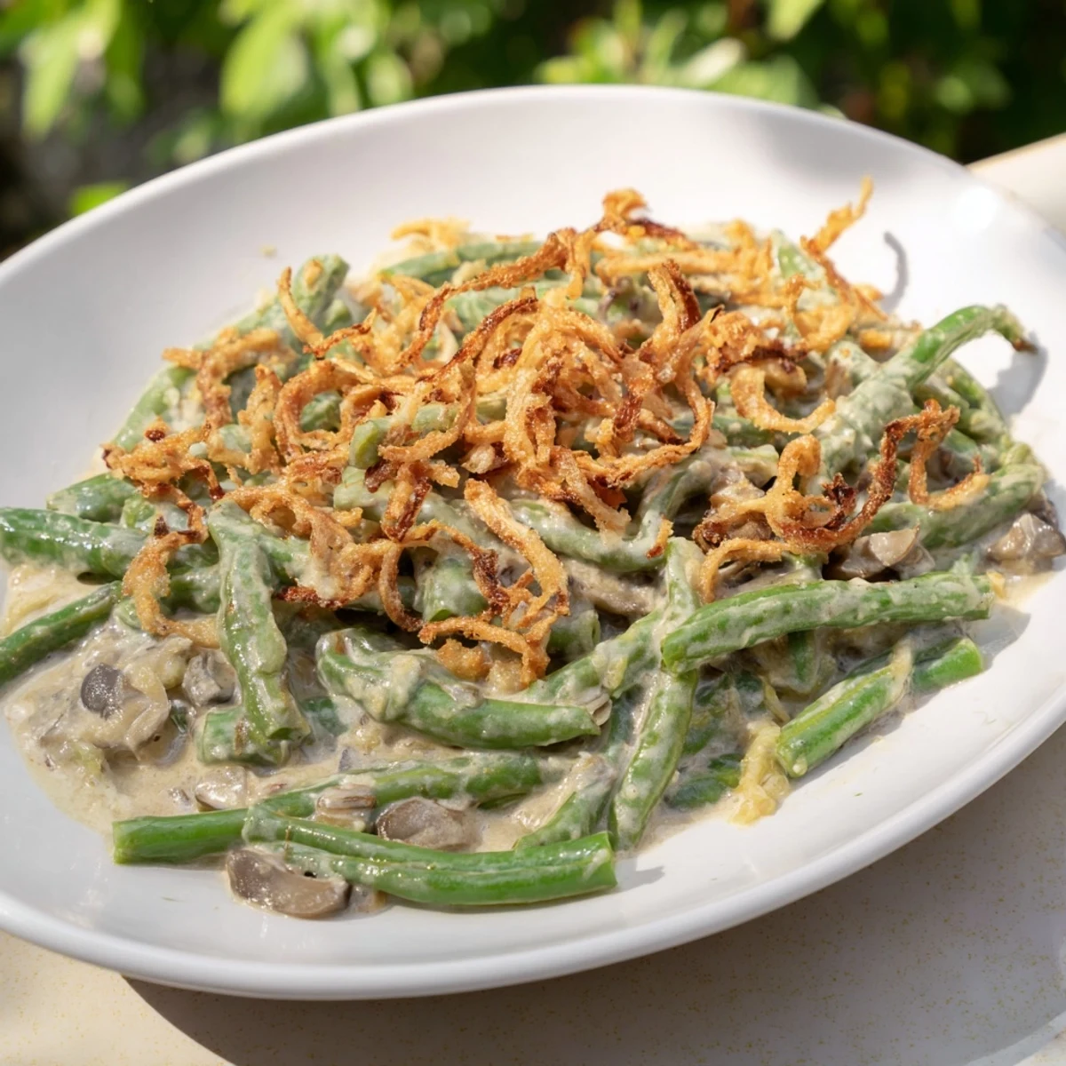 A comforting, bubbling Old-School Green Bean Casserole, a classic American side dish ready to serve.