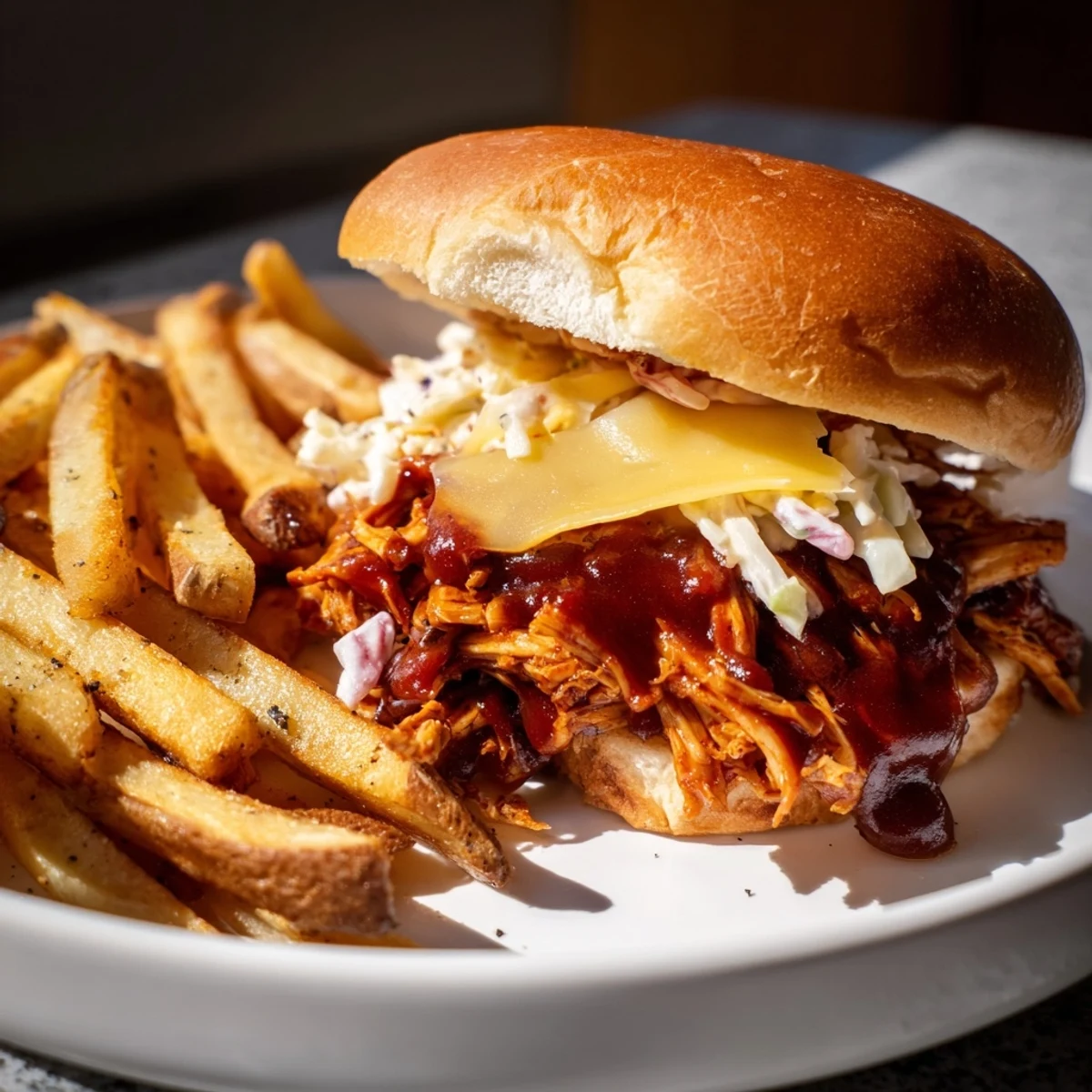 Tender BBQ Chicken Sliders piled high, alongside a mountain of crispy golden fries and coleslaw.
