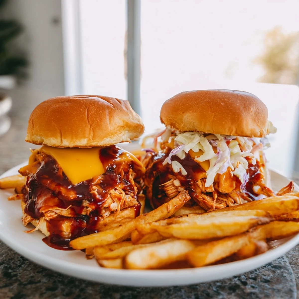 Warm, buttery BBQ Chicken Sliders overflowing with sauce, perfect with a side of salty fries.