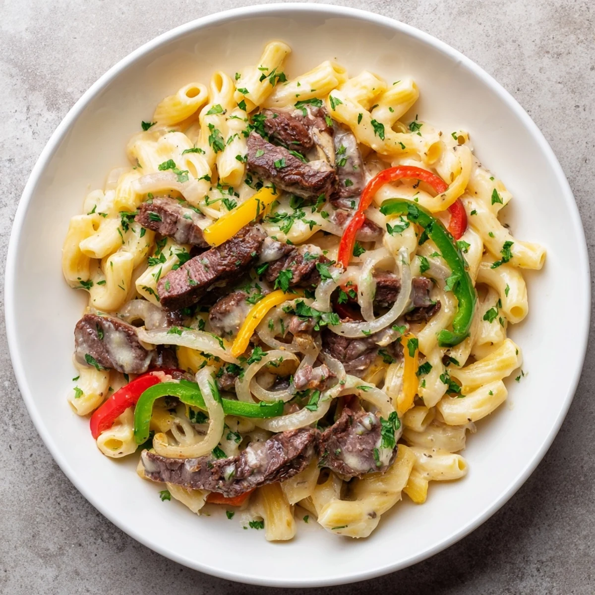 Philly Cheese Steak Pasta: A close-up of the saucy, cheesy pasta with visible beef and peppers.