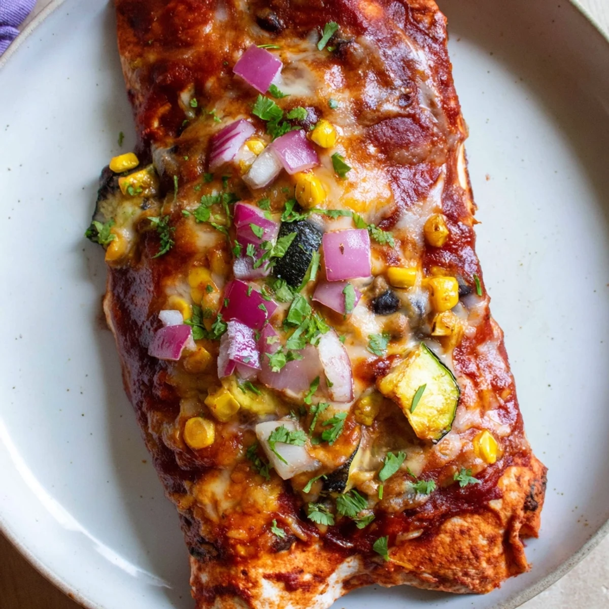 Homemade Farmers Market Vegetarian Enchiladas, baked to perfection and served with fresh avocado and cool sour cream.