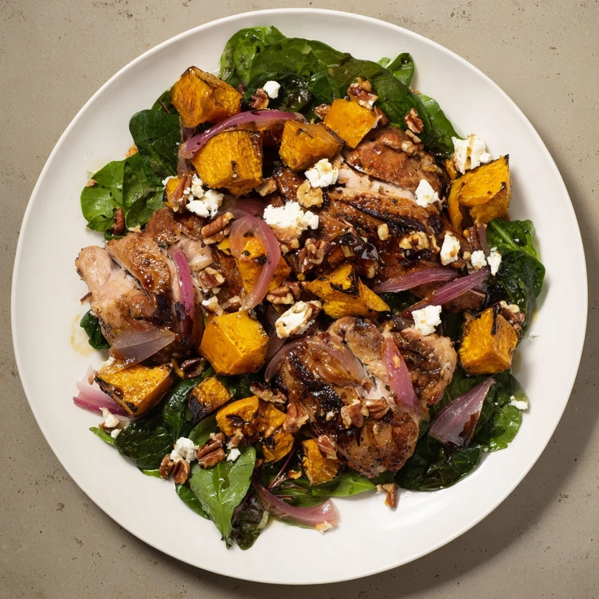 Sheet-pan Roasted Chicken & Winter Squash Salad, with tender chicken and caramelized squash, ready to serve and enjoy.