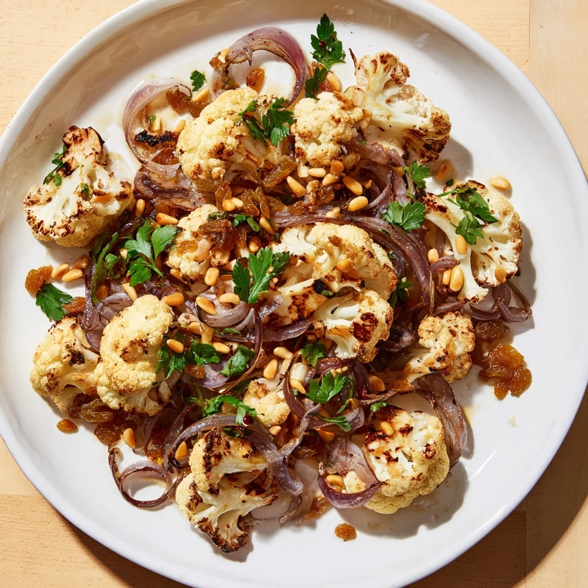 This Warm Roasted Cauliflower & Lemon Pine-Nut Dressing Salad shows vibrantly roasted cauliflower coated in zesty dressing.