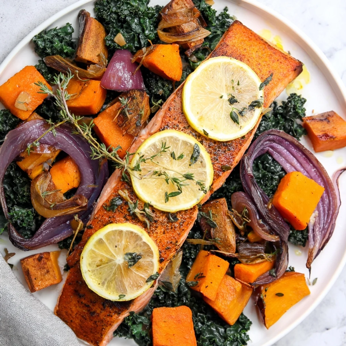 Flaky sheet-pan salmon with winter vegetables, a colorful and healthy one-pan meal, ready to serve.