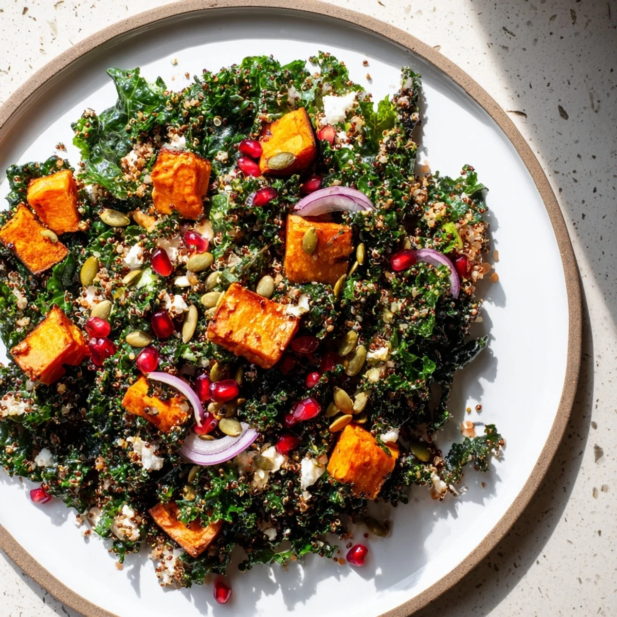 Vibrant Kale & Quinoa Salad with Lemon Dressing, featuring roasted sweet potatoes, a colorful and healthy meal.
