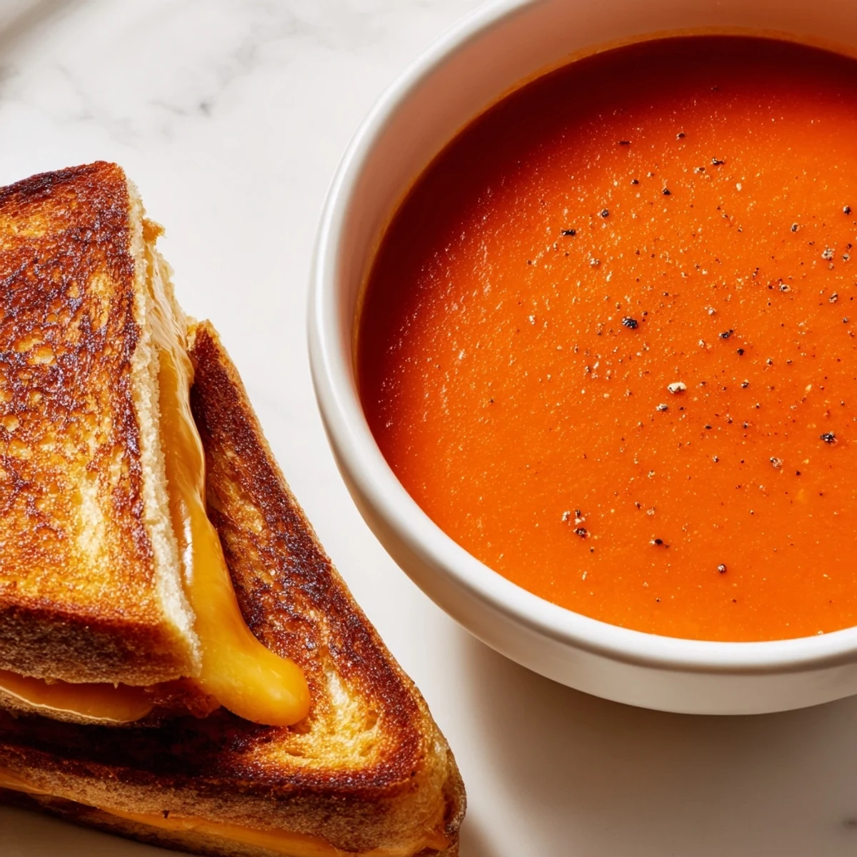 A close-up view of the 5-Ingredient Tomato Soup with a side of crispy, golden sourdough grilled cheese.