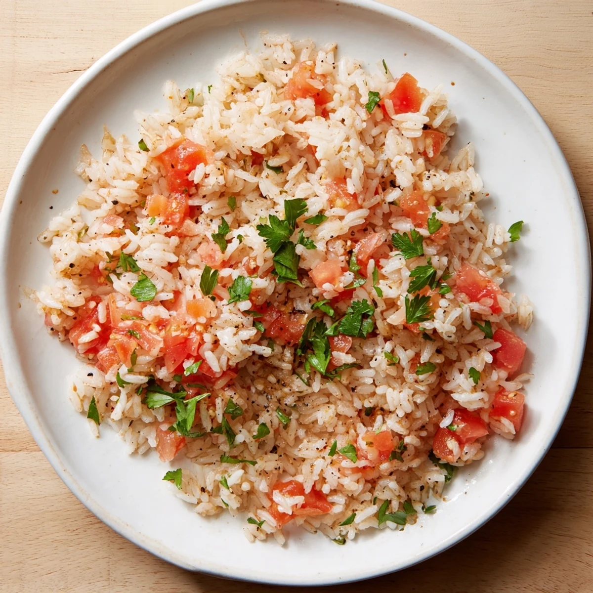 Steaming Tomato-Rice Skillet Dinner, a colorful one-pan meal, ready to enjoy with a fresh herb garnish.