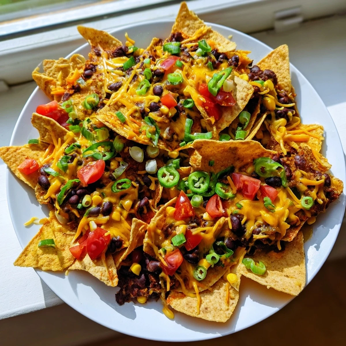 Golden, bubbly cheese covers sheet-pan nachos with colorful veggies; a perfect Tex-Mex flavor explosion.