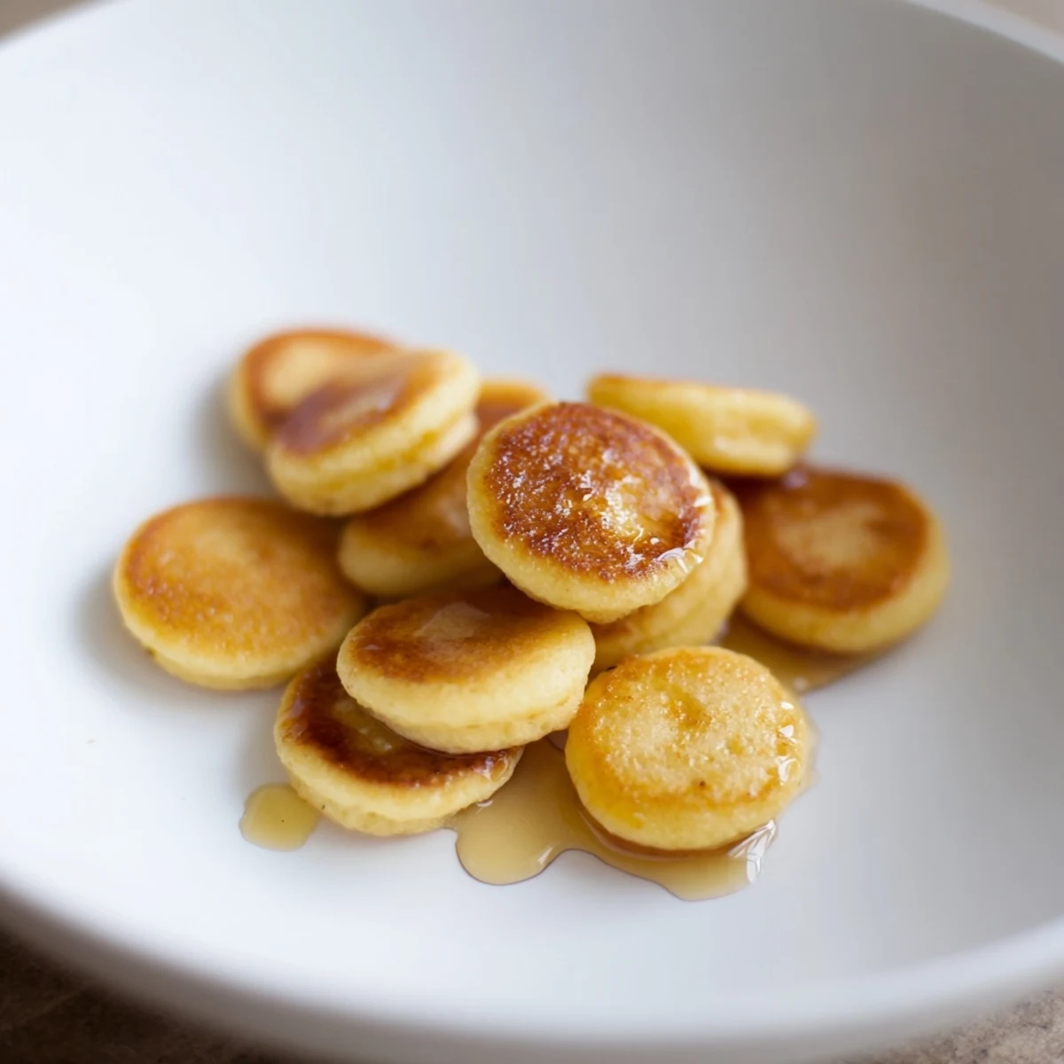 Golden, miniature pancake cereal, drizzled with sweet maple syrup, perfect for a fun breakfast.