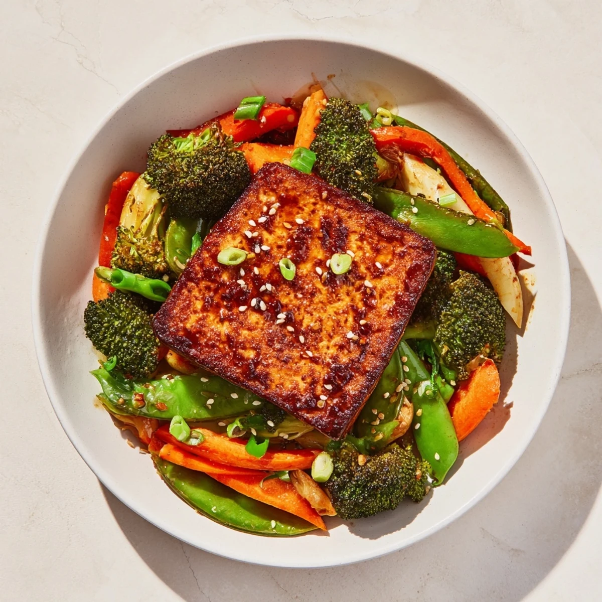 Golden-brown pressed tofu steaks glistening, served atop vibrant stir-fried vegetables and fluffy rice.